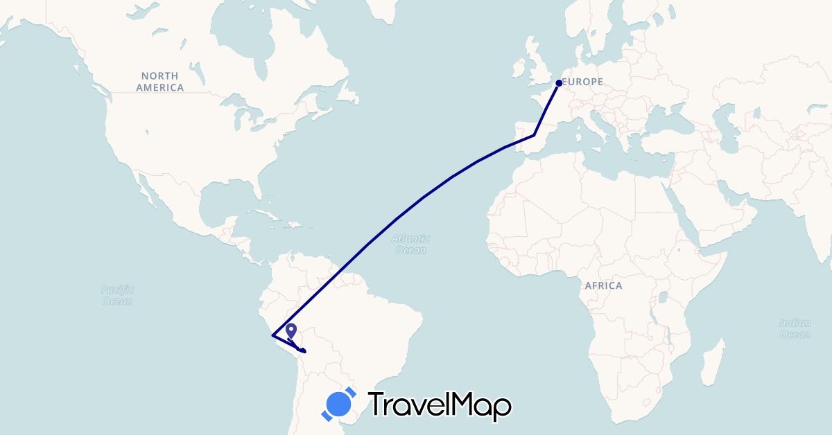 TravelMap itinerary: driving in Belgium, Bolivia, Spain, Peru (Europe, South America)